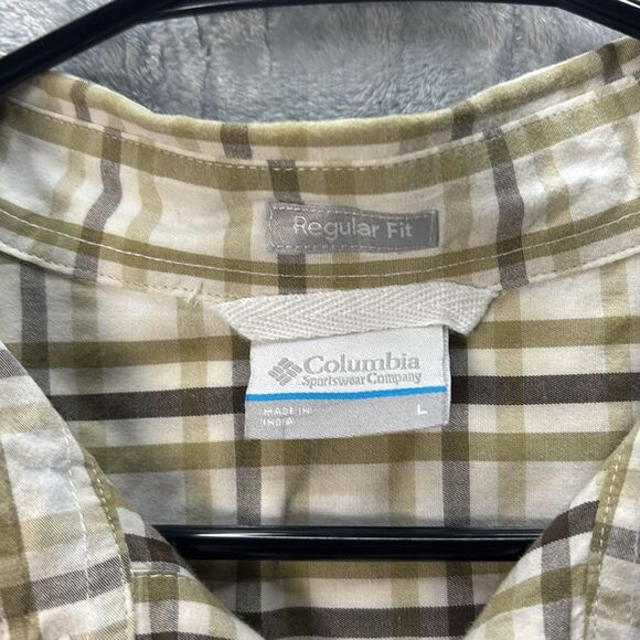 Columbia Plaid Green Brown Button Up Short Sleeved Collared Shirt Size L - Picture 3 of 10